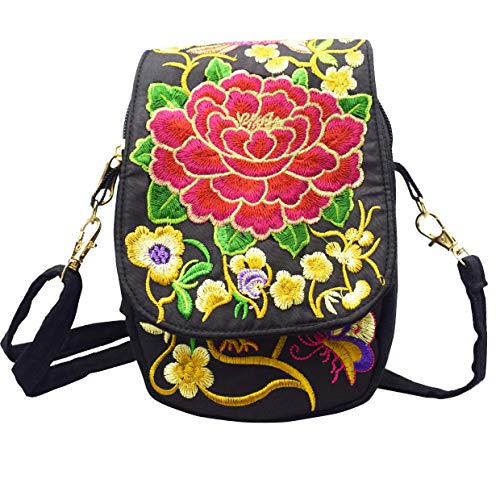 Women's Small Cute Boho Canvas Crossbody Camera Bag Cell Phone Purse with Floral Embroidery