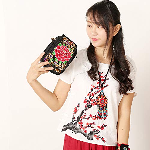 Women's Small Cute Boho Canvas Crossbody Camera Bag Cell Phone Purse with Floral Embroidery