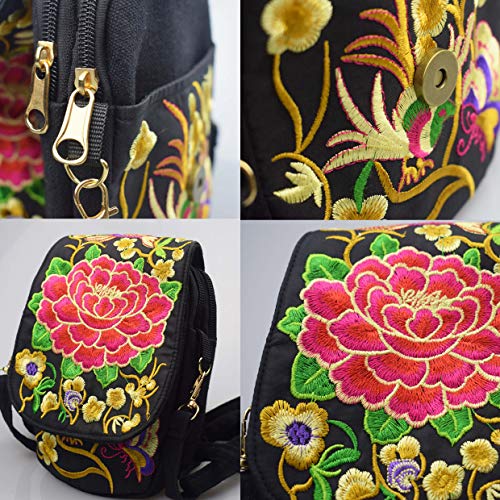 Women's Small Cute Boho Canvas Crossbody Camera Bag Cell Phone Purse with Floral Embroidery