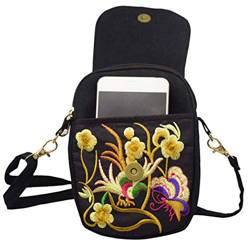 Women's Small Cute Boho Canvas Crossbody Camera Bag Cell Phone Purse with Floral Embroidery