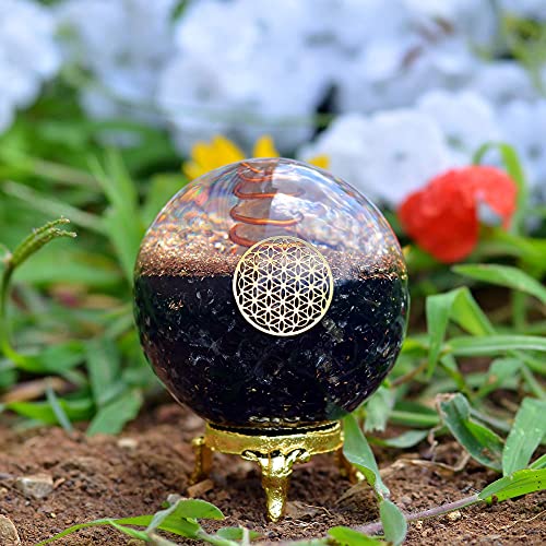 Orgonite Crystal Black Tourmaline Crystal Ball with Stand for Energy Purification and E-Energy Protection – Channels Positive Vibrations for Healing Connection between Body, Mind and Spirit