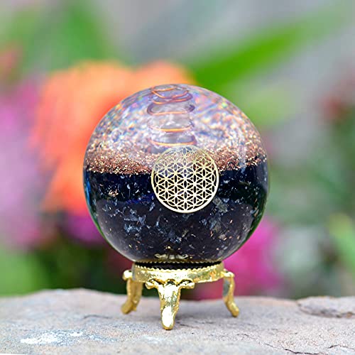 Orgonite Crystal Black Tourmaline Crystal Ball with Stand for Energy Purification and E-Energy Protection – Channels Positive Vibrations for Healing Connection between Body, Mind and Spirit