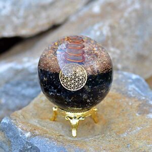 Orgonite Crystal Black Tourmaline Crystal Ball with Stand for Energy Purification and E-Energy Protection – Channels Positive Vibrations for Healing Connection between Body, Mind and Spirit