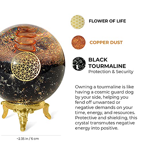 Orgonite Crystal Black Tourmaline Crystal Ball with Stand for Energy Purification and E-Energy Protection – Channels Positive Vibrations for Healing Connection between Body, Mind and Spirit