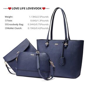 Handbags for Women Shoulder Bags Tote Satchel Hobo 3pcs Purse Set Dark Navy Blue