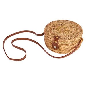 forart handwoven round rattan bag shoulder leather straps natural chic circle handbag crossbody bags(ship from usa)