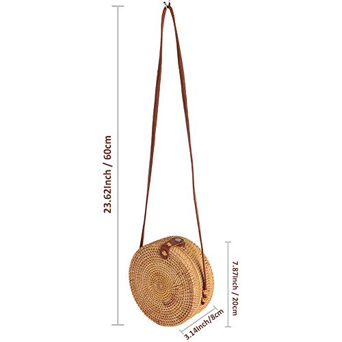 Forart Handwoven Round Rattan Bag Shoulder Leather Straps Natural Chic Circle Handbag Crossbody Bags(Ship from USA)