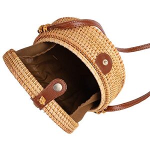 Forart Handwoven Round Rattan Bag Shoulder Leather Straps Natural Chic Circle Handbag Crossbody Bags(Ship from USA)