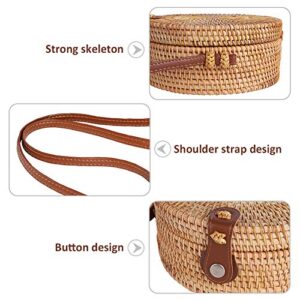 Forart Handwoven Round Rattan Bag Shoulder Leather Straps Natural Chic Circle Handbag Crossbody Bags(Ship from USA)