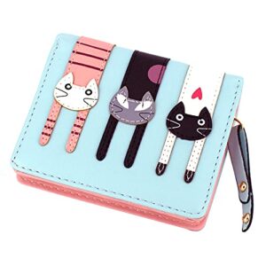 Valentoria® Birthday Gifts for Women's Mini Faux Leather Bifold 3 Cat Design Clutch Wallet (Teal Blue)
