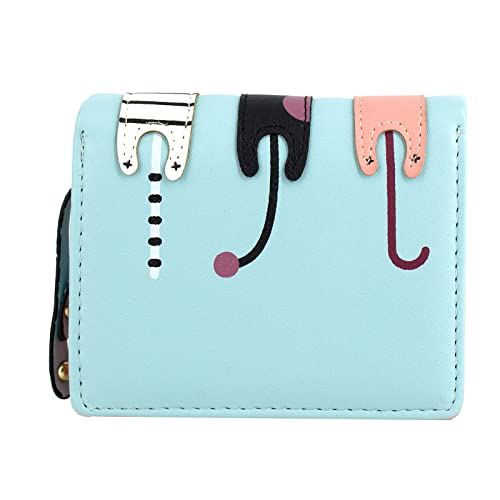 Valentoria® Birthday Gifts for Women's Mini Faux Leather Bifold 3 Cat Design Clutch Wallet (Teal Blue)