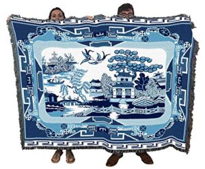 pure country weavers blue willow blanket – asian gift tapestry throw woven from cotton – made in the usa (72×54)