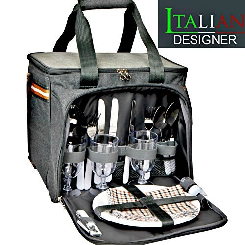 Picnic Basket for 2 Or 4 People Upgraded 2023 Model - Includes 4 Plates, Wine Glasses, Forks, Knives, Salt and Pepper Shakers, Wash Cloths and More - All Elegently Packed for Men Or Women