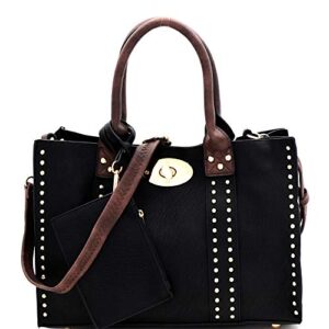 twist lock studded 3 in 1 soft structure plain & ostrich vegan leather tote purse handbag with crossbody set (plain vegan leather – black/coffee)