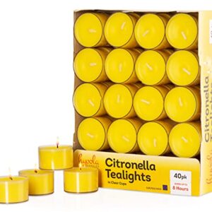 Tealight Citronella Candles Outdoor - 8 Hour Burn Time - Indoor and Outdoor Mosquito, Insect and Bug Repellent Citronella Candle - Natural Fresh Scent – Decorative in Clear Cup - 40 Pack