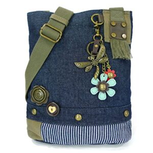 chala patch cross-body women handbag, canvas messenger bag, metal dragonfly – denim