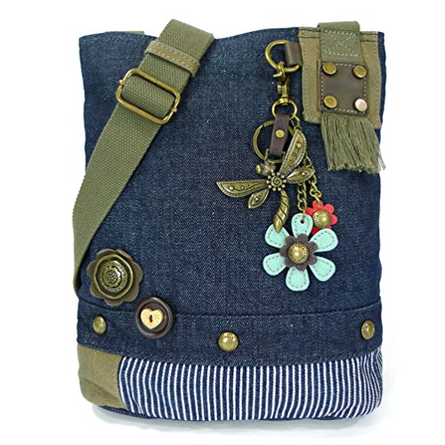 CHALA Patch Cross-Body Women Handbag, Canvas Messenger Bag, Metal Dragonfly - Denim