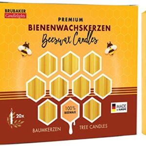 BRUBAKER 100% Beeswax Tree Candles - Pack of 20 - Honey Colored - 3¾ x ½ Inches (9.5 x 1.27cm) - Made in Europe - Pyramids, Carousels & Chimes