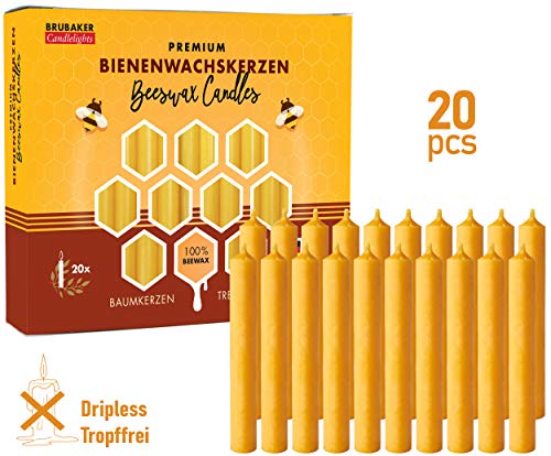 BRUBAKER 100% Beeswax Tree Candles - Pack of 20 - Honey Colored - 3¾ x ½ Inches (9.5 x 1.27cm) - Made in Europe - Pyramids, Carousels & Chimes