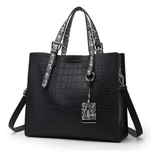 women fashion crocodile pattern handbag snakeskin top handle tote purse shoulder crossbody bag, black