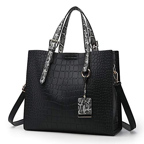 Women Fashion Crocodile Pattern Handbag Snakeskin Top Handle Tote Purse Shoulder Crossbody Bag, Black