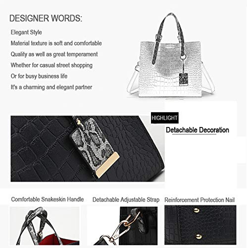 Women Fashion Crocodile Pattern Handbag Snakeskin Top Handle Tote Purse Shoulder Crossbody Bag, Black