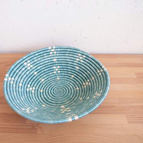 16" X-Large African Basket- Munini/Rwanda Basket/Woven Bowl/Sisal & Sweetgrass Basket/Blue, White