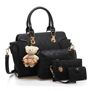 women 4 pcs handbags set, tote bag top handle shoulder crossbody bag wallet card holders pack, black