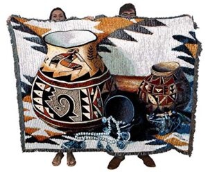 kokopelli pot blanket by judith durr – southwest pueblo pottery art – gift tapestry throw woven from cotton – made in the usa (72×54)