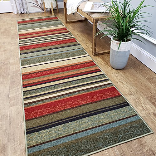 Rubber Backed Runner Rug, Runner 84 inch x 22 in (7 ft Runner), Multicolor Striped, Non Slip, Kitchen Rugs and Mats