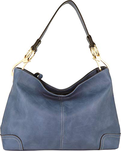 B BRENTANO Vegan Leather Large Hobo Shoulder Bag with Snap Hook Hardware (Denim.)