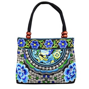 women’s unique vintage hobo tote bags embroidered floral shoulder handbags for lady (apple-blue), medium