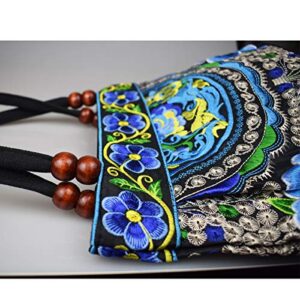 Women's Unique Vintage Hobo Tote Bags Embroidered Floral Shoulder Handbags for lady (APPLE-BLUE), Medium