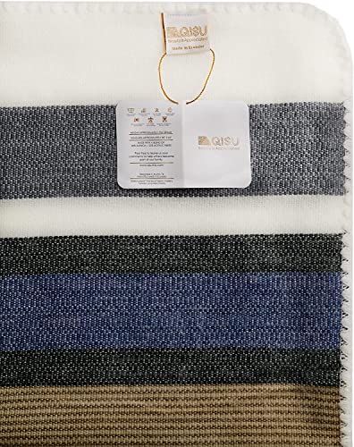 QISU Alpaca Wool Blanket Throw | Large, Beautiful, Warm, Stripe | 85 x 65 inches | Ultra-Soft, Hypoallergenic and Breathable | Non-Itchy or Scratchy Fabric (Brown Blue Grey White)