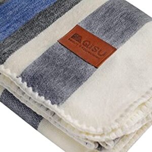 QISU Alpaca Wool Blanket Throw | Large, Beautiful, Warm, Stripe | 85 x 65 inches | Ultra-Soft, Hypoallergenic and Breathable | Non-Itchy or Scratchy Fabric (Brown Blue Grey White)