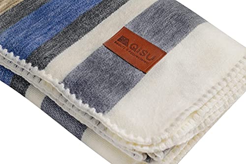 QISU Alpaca Wool Blanket Throw | Large, Beautiful, Warm, Stripe | 85 x 65 inches | Ultra-Soft, Hypoallergenic and Breathable | Non-Itchy or Scratchy Fabric (Brown Blue Grey White)