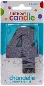 amscan birthday celebration, numeral #4 glitter candle, party supplies, black, 3 1/4″