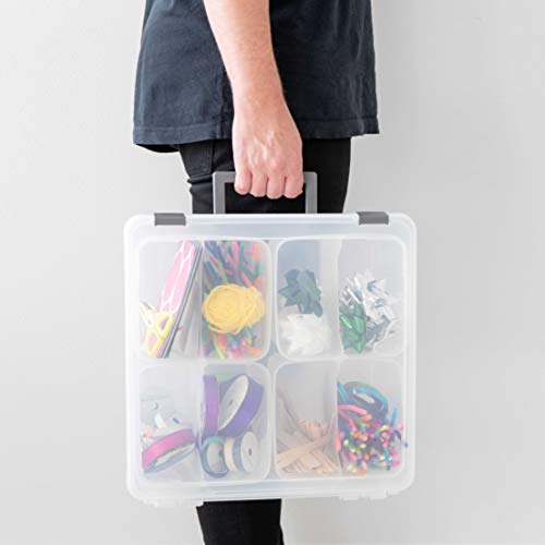 IRIS USA 20 Quart Portable Clear Plastic Storage Bins, Art, Sewing & Craft Organizer Satchel with Handle, Secure Latches, 4 Removable Inner Cups and 4 Dividers, Clear/Black, 1 Pack