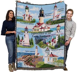 lighthouses of the pacific northwest blanket – pt robinson umpqua river noth head yaquina cape flattery heceta mukilteo – coastal ocean gift tapestry throw woven from cotton – made in the usa (72×54)