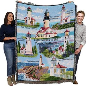 Lighthouses of the Pacific Northwest Blanket - Pt Robinson Umpqua River Noth Head Yaquina Cape Flattery Heceta Mukilteo - Coastal Ocean Gift Tapestry Throw Woven from Cotton - Made in the USA (72x54)