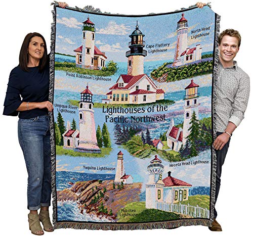 Lighthouses of the Pacific Northwest Blanket - Pt Robinson Umpqua River Noth Head Yaquina Cape Flattery Heceta Mukilteo - Coastal Ocean Gift Tapestry Throw Woven from Cotton - Made in the USA (72x54)