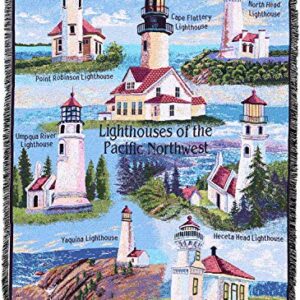 Lighthouses of the Pacific Northwest Blanket - Pt Robinson Umpqua River Noth Head Yaquina Cape Flattery Heceta Mukilteo - Coastal Ocean Gift Tapestry Throw Woven from Cotton - Made in the USA (72x54)