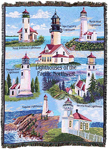 Lighthouses of the Pacific Northwest Blanket - Pt Robinson Umpqua River Noth Head Yaquina Cape Flattery Heceta Mukilteo - Coastal Ocean Gift Tapestry Throw Woven from Cotton - Made in the USA (72x54)