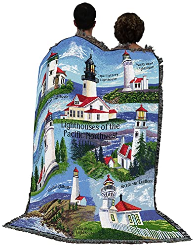 Lighthouses of the Pacific Northwest Blanket - Pt Robinson Umpqua River Noth Head Yaquina Cape Flattery Heceta Mukilteo - Coastal Ocean Gift Tapestry Throw Woven from Cotton - Made in the USA (72x54)