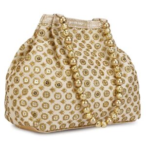 indian ethnic designer embroidered silk potli bag batwa pearls handle purse (golden-3)