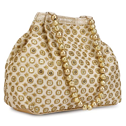 Indian Ethnic Designer Embroidered Silk Potli Bag Batwa Pearls Handle Purse (Golden-3)