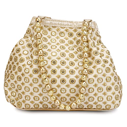 Indian Ethnic Designer Embroidered Silk Potli Bag Batwa Pearls Handle Purse (Golden-3)