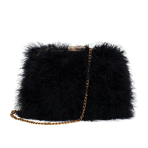 Zarapack Womens' Genuine Fluffy Feather Fur Clutch Shoulder Bag (Black)