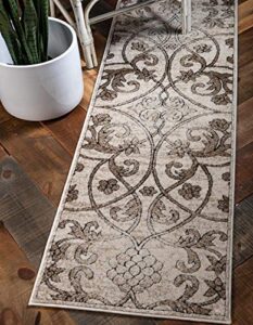 unique loom rushmore collection classic traditional white tone-on-tone textured intricate design area rug (3′ 0 x 9′ 10 runner, tan/ beige)