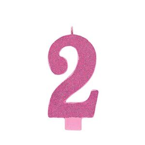 amscan numerical candles, numeral #2 large glitter candle, party supplies, pink, 5 1/4″